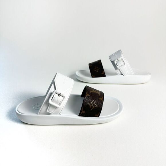 LOUIS VUITTON White Sunbath Flat Slide Sandals 39 US 9 Brown Monogram Canvas - Picture 9 of 12